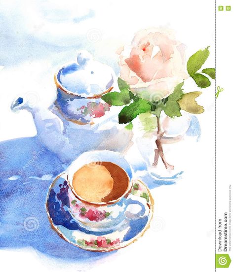 Watercolor Morning Breakfast Coffee Rose Illustration Hand Drawn Stock Illustration - Image: 66116594 Maria Stezhko Watercolor, Tea Time Watercolor, Tea Time Painting, Tea Time Illustration, Watercolor Tea, Happy Watercolor, Tea Setting, Tea Illustration, Invite Ideas