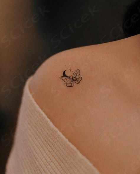 Minimal tattoo ; : ♡♤◇♧☆○ butterfly moon Butterfly Planet Tattoo, Moon And Butterfly Tattoo, Butterfly And Moon Tattoo, Minimalist Moon Tattoo, Minimalistic Butterfly Tattoo, Butterfly Moon Tattoo, Moon Tattoo Minimalist, Minimalist Butterfly Tattoo, Minimalist Tattoo Small