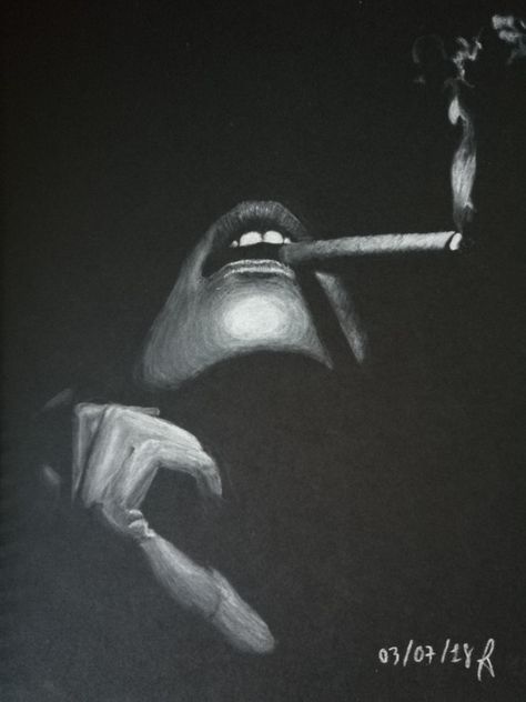 Smoking woman in white charcoal on black paper Crazy Woman Drawing, Charcoal Reference Photo, White Charcoal Drawing On Black Paper, White On Black Drawing, White Charcoal On Black Paper, Charcoal On Black Paper, T Shirt Fonts, Class Inspiration, Monochrome Painting