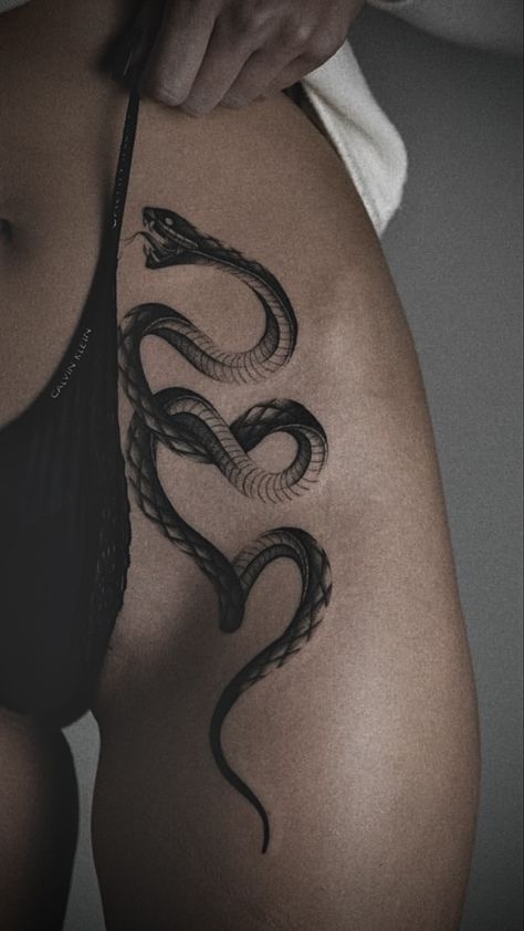 Viper Tattoos For Women, Deathcore Tattoo, Snake Spine Tattoo, Cute Thigh Tattoos, Lower Leg Tattoos, Tattoo Snake, Wicked Tattoos, Hip Tattoos Women, Thigh Tattoos Women