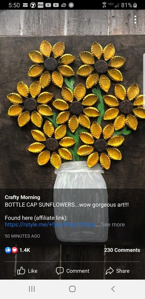 Flowers Out Of Bottle Caps, Bottle Cap Sunflower Art, Bottle Cap Artwork, Sunflower Bottle Cap Art, 4-h Projects For Fair, Diy Beer Bottle Cap Crafts, Beer Bottle Top Crafts, Sunflower Projects, Diy Beer Bottle