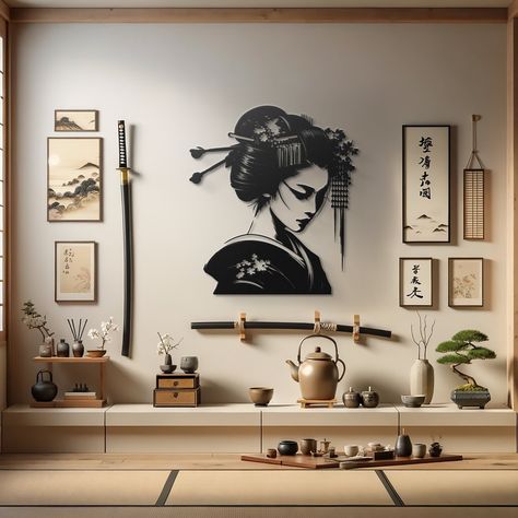 🌸 Dive into the enchanting world of Japanese culture with this exquisite Geisha wall art. 🎎 Crafted with intricate details, it captures the timeless beauty and elegance of a Geisha, a symbol of grace and mystery. Whether it's the delicate kimono patterns or the poised posture, every element is a testament to the artistry and tradition of Japan. 🌺 Perfect for adding a touch of sophistication to your living space, this piece is a must-have for lovers of art and culture. Let it transport you to Japanese Wall Decor Ideas, Asian Wall Decor Ideas, Samurai Room Decor, Japanese Themed Living Room, Asian Decor Ideas, Japanese Decor Bedroom, Japan Room Decor, Japan Art Design, Asian Zen Interior Design