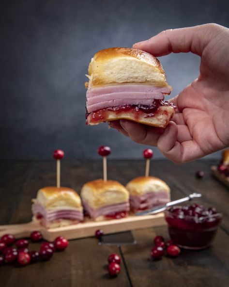 Holiday Ham Sliders, Ham Slidders, Cranberry Ham, Pretzel Buns Sandwich, Cranberry Sauce Sandwich, Easy Slider Recipes, Ham Sliders, Savory Ham, Ham And Cheese Sliders