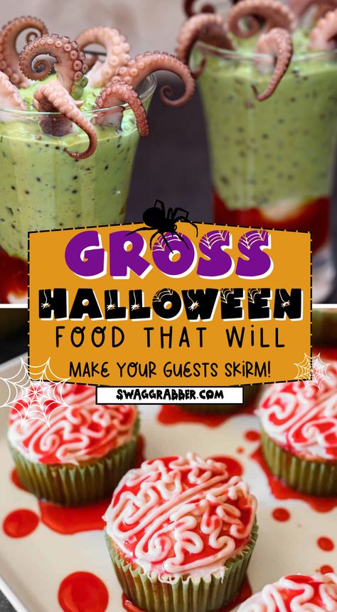 Looking for some inspiration for your next gross party food idea? Look no further! In this video, we share some of the best (and grossest) party food ideas that are sure to get your guests talking. From realistic brain cakes to Q-tips, we've got you covered! Spooky Halloween Foods For Party, Halloween Party Food Scary, Unique Halloween Food Ideas, Slasher Party Food, Graveyard Themed Food, Halloween Food Scary Gross, Gory Halloween Party Food Ideas, Gory Halloween Food Ideas, Scary Fruit For Halloween