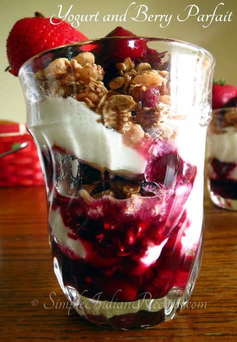 Breakfast parfait made with yogurt and chopped berries is a very healthy, low calorie breakfast popular in North America and Canada. The recipe can be easily modified with ingredients available locally in other countries. Check out the recipe of Yogurt and mixed berry parfait @ http://simpleindianrecipes.com/Home/Yogurt-And-Mixed-Berry-Parfait.aspx and be sure to try it at home. Berry Parfait, Berry Yogurt, Yogurt Dessert, Pudding Parfait, Low Calorie Breakfast, Parfait Breakfast, Honey Yogurt, Yogurt Breakfast, Berry Compote