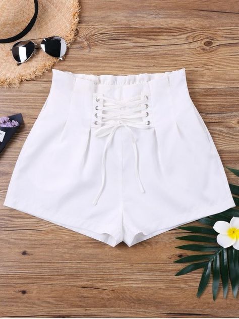 High Waist Lace Up Shorts - WHITE S Como Fazer Short, Lace Up Shorts, Shorts Fashion, Shorts White, Floral Shorts, Cute Shorts, Beautiful Blouses, Short Shorts, Affordable Fashion