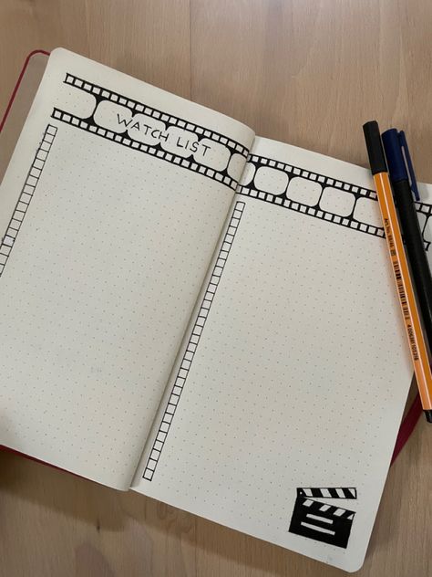 Bujo Lists Layout, Watchlist Journal Ideas, Bujo Watchlist, Bullet Journal Netflix List, Movie List Bullet Journal Ideas, Watchlist Journal, Wishlist Ideas Bullet Journal, Journal Movie List, Movie Journal Aesthetic