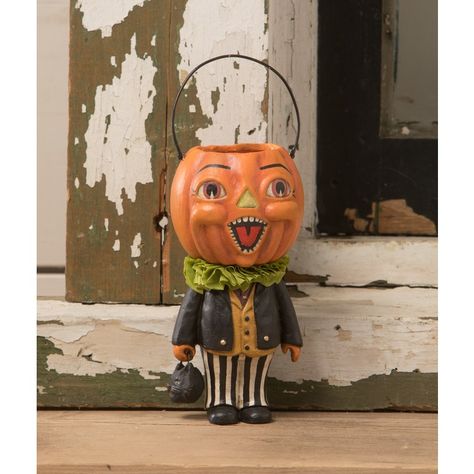 Seasonal Decor Pumpkinny Bucket Head Halloween 3L x 2.25W x 5H Inch Multicolored Resin Paper Mache Halloween Decorations, Halloween Sculptures, Bethany Lowe Halloween, Colorful Moths, Moth Wings, Detailed Paintings, Bethany Lowe, Pumpkin Head, Treat Holder