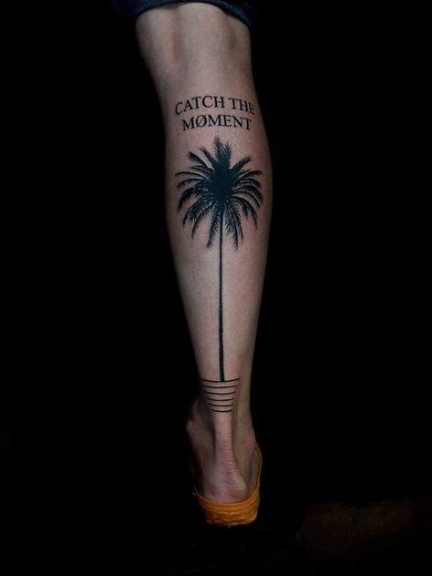 Palm Tree Leg Tattoo Men, Speak Your Mind Tattoo, Back Of Calf Tattoo Men, Surfer Tattoo Men, Simple Leg Tattoo Men, Palm Tree Tattoo Men, Leg Tattoo Men Ideas, Palm Tree Tattoo Ankle, Simple Leg Tattoos