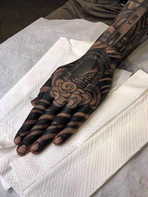 Dark Hand Cover Up Tattoos, Blacked Out Hand Tattoo, Black Work Hand Tattoo, Black Hand Tattoos Men, Hand Tattoos Cover Up, Black Out Hand Tattoo, Black Finger Tattoo, Blackout Hand Tattoo, Hand Tattoos Black