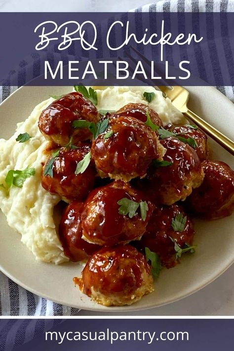 BBQ chicken meatballs with mashed potatoes on a plate. Bbq Chicken Meatballs, Ground Chicken Meatballs, Tender Meatballs, Buffalo Chicken Meatballs, Frozen Meatballs, Bbq Sauce Homemade, Homemade Bbq, Chicken Meatballs, Ground Chicken