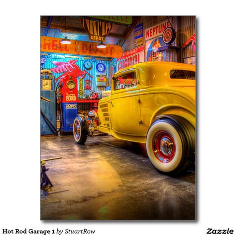 Hot Rod Garage 1 Postcard Hot Rod Art, Best Man Caves, Toy Car Garage, Garage Paint, Old School Motorcycles, Traditional Hot Rod, Motorcycle Garage, Garage Art, Kustom Kulture