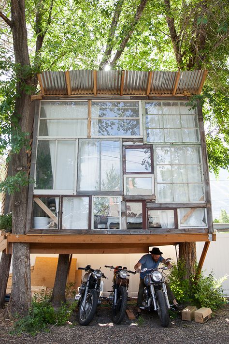 Making a Modern Treehouse - Say Yes Modern Treehouse, Recycled Windows, Modern Tree House, Recycled Door, Glass Cabin, Tree House Kids, A Small House, Lots Of Windows, Online Shipping