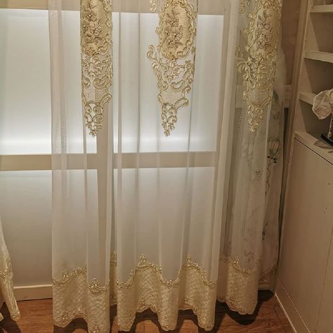 Valances For Living Room, White And Gold Decor, Chenille Curtains, Gold Curtains, Silk Curtains, Bedroom White, Tulle Curtains, Luxury Curtains, Beaded Tulle