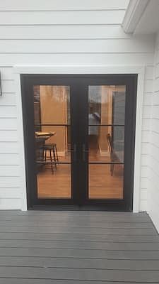 Pella French Doors Patio, Outdoor French Doors Patio, Pella Patio Doors, Alternative To French Doors, Patio Door Hardware, Farmhouse French Doors Exterior, Patio French Door Ideas, Black French Doors Exterior Patio, Patio Doors Ideas