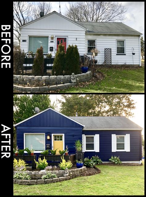 Blue House Exterior White Trim, House Exterior White Trim, Navy Blue House Exterior White Trim, Dark Blue Siding, Navy Blue House Exterior, Siding With White Trim, Front Of House Makeover, Navy Blue House, Exterior Refresh