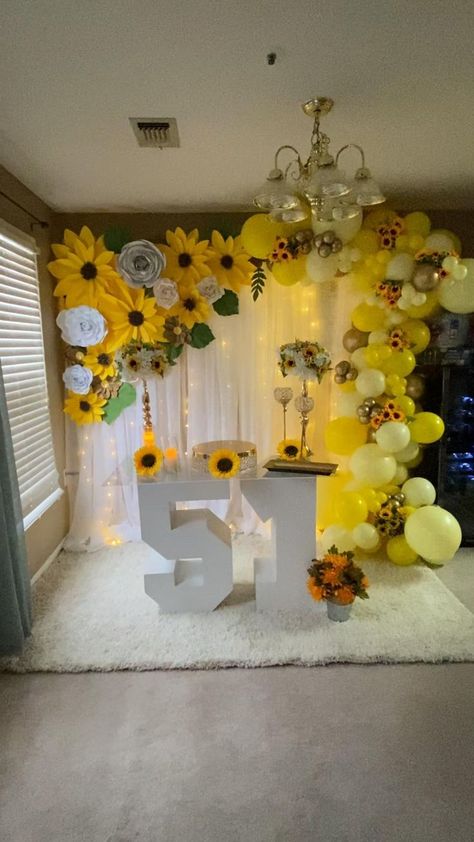 Sunflower Birthday Decor 🌻✨ | Sunflower birthday parties, Birthday party theme decorations, Sunflower party Sunflower Party Themes, Party Theme Decorations, Sunflower Birthday Parties, Birthday Celebration Decorations, Sunflower Birthday, Moms 50th Birthday, Coin Photo, Sunflower Party, Decor Birthday Party