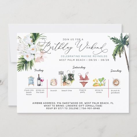 Birthday Weekend Itinerary  Palm Beach Invitation  Zazzle Destination Birthday Party, Birthday Weekend Itinerary, Fort Nite, Wedding Weekend Itinerary, Beach Invitations, Bachelorette Weekend Itinerary, Bridal Brunch Invitations, Bachelorette Party Planning, Event Card