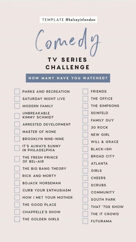 Comedy TV Series Challenge Instagram Story Template by @kelseyinlondon Netflix Movie List, Film Instagram, Netflix Movies To Watch, Tv Show Genres, Not Musik, Movie To Watch List, Tv Series To Watch, London Film, Film Disney