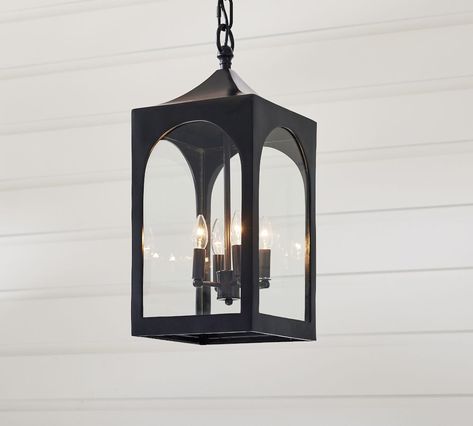 Caleb Metal Lantern Pendant | Pottery Barn Foyer Lantern, Pottery Barn Outdoor, Outdoor Pendant Light, Wired Glass, Lantern Pendant Lighting, Lampshade Designs, Outdoor Lantern, Metal Lanterns, Hanging Light Fixtures