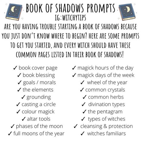 Tips for Witches Everywhere! ✨ on Instagram: “Book of Shadows prompts! It can be hard and intimidating to start a book of shadows, especially when you don’t know where to begin! Here’s…” How To Start A Spell Book, Starting Book Of Shadows, Bujo Book Of Shadows, Book Of Shadows For Beginners, Book Of Shadows Art Journal Pages, Book Of Shadows Vs Book Of Mirrors, Starting A Book Of Shadows, Ideas For Book Of Shadows, Book Of Shadows Index Page