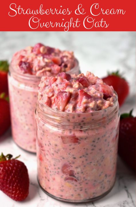 Strawberries and Cream Overnight Oats take just a few minutes to make and are loaded with nutritious ingredients like oats, strawberries, Greek yogurt, chia seeds and milk for a healthy, filling breakfast! www.nutritionistreviews.com #overnightoats #oats #oatmeal #breakfast #strawberry #strawberries #healthy #cleaneating Strawberries Overnight Oats, Chia Seed Pudding Greek Yogurt Overnight Oatmeal, Fruity Cereal Overnight Oats, Strawberry Overnight Oats No Yogurt, Overnight Oats Lunch, Overnight Oats Strawberries And Cream, Fruity Overnight Oats, Pregnancy Overnight Oats, Strawberry And Cream Overnight Oats