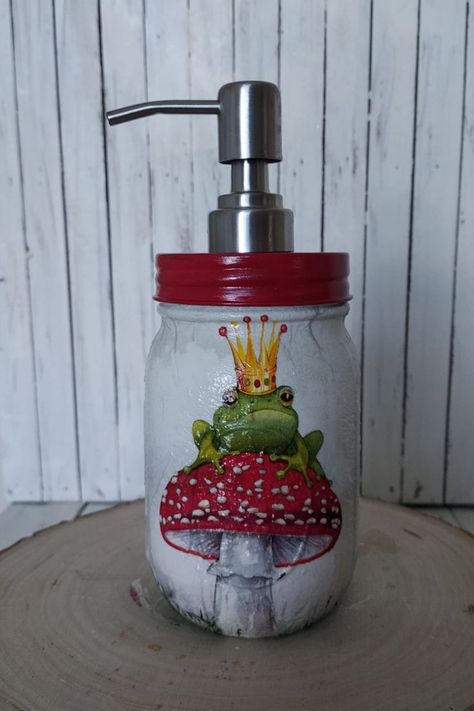 Mushroom Soap Dispenser, Frog With A Crown, Frog Kitchen, Frog Bathroom, Piggy Bank Diy, Cottagecore House, Mason Jar Soap Dispenser, Unique Soap, Frog Decor