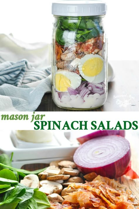 This Mason Jar Spinach Salad recipe is easy to assemble in advance, it's portable, and it's packed with a variety of flavors and textures. Perfect for easy lunch meal prep, too! Easy Lunch Meal Prep, Baby Spinach Recipes, Spinach And Bacon, Mason Jar Salads, Easy Meal Prep Lunches, Jar Salads, Jar Salad, Mason Jar Salad Recipes, Spinach Salad Recipes