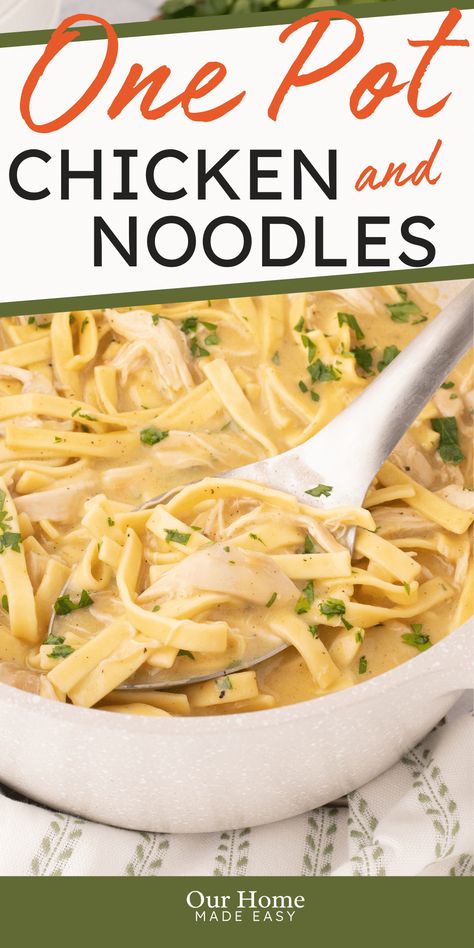 Looking for a quick and comfort food dinner idea? This easy chicken and noodles recipe is ready in 30 minutes! Made with rotisserie chicken and a creamy broth, it's the ultimate comfort food for busy weeknights. #ourhomemadeeasy #dinner #chicken #easydinner Rotisserie Chicken And Noodles Easy, Quick And Easy Dinner Recipes Using Rotisserie Chicken, Reames Chicken And Noodles, Easy Chicken And Noodles Recipe, Rotisserie Chicken Dinner Ideas, Chicken Noodle Soup Rotisserie, Homemade Chicken And Noodles, Easy Chicken And Noodles, Chicken And Noodles Recipe