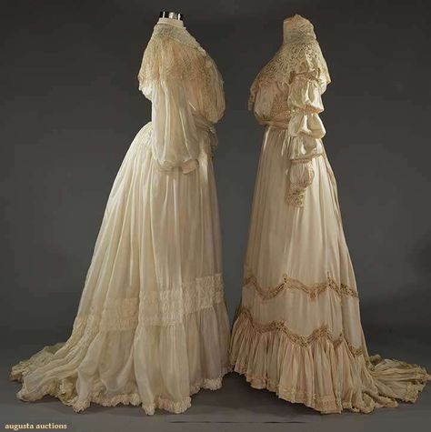 TWO SILK WEDDING OR GARDEN PARTY DRESSES, 1905-1910 Go Back      Lot: 200     November 16, 2016 NYC     New York City  Both 2-piece w/ trained skirts: 1 ivory China silk, ruched bodice & skirt, machine made lace flounce to bodice, balloon sleeves, cotton sateen linings, B to 34", W 23", Skirt L 43"-54", excellent; 1 cream silk charmeuse, Battenburg lace yoke, collar & cuffs, Renaissance sleeves, lace insertions to skirt, W 26", Skirt L 39"-48", (back of neck torn) very good. Garden Party Dresses, Edwardian Wedding, Battenburg Lace, Dress History, Edwardian Dress, 20th Century Fashion, Garden Party Dress, Old Dresses, Victorian Clothing