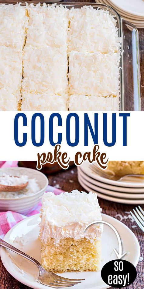 This Coconut Cream Poke Cake is a coconut lover's heaven! White cake is soaked with coconut cream, then topped with cool whip and shredded coconut in this easy poke cake recipe. Perfect for those summer potlucks! Homemade Coconut Cake Recipe, Coconut Cream Poke Cake, Easy Poke Cake, Cream Poke Cake, Coconut Poke Cakes, Coconut Cream Cake, Mint Chocolate Cake, Lemon And Coconut Cake, Poke Cake Recipe