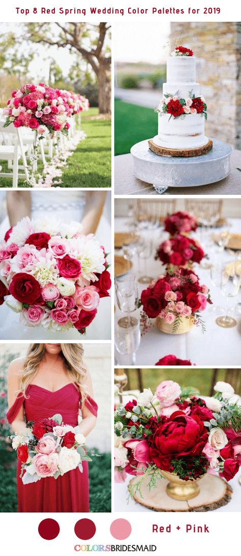 Red And Gold Spring Wedding, Red Color Schemes Wedding, Red Blush Wedding Color Schemes, Light Red Wedding Theme, Spring Red Wedding Color Schemes, Red Spring Wedding Colors, Blush Pink And Red Wedding Theme, Red Summer Wedding Color Schemes, Spring Wedding Inspiration Colour Palettes