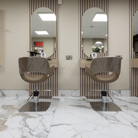 Hair Salon Design with Marble Tiles and Wal Panels | Tile Merchant Beauty Salon Owner, Parlour Design, Studio Aesthetic, Hair Salon Design, Salon Owner, Irish Beauty, Simple Products, Men Haircut, Acoustic Wall Panels