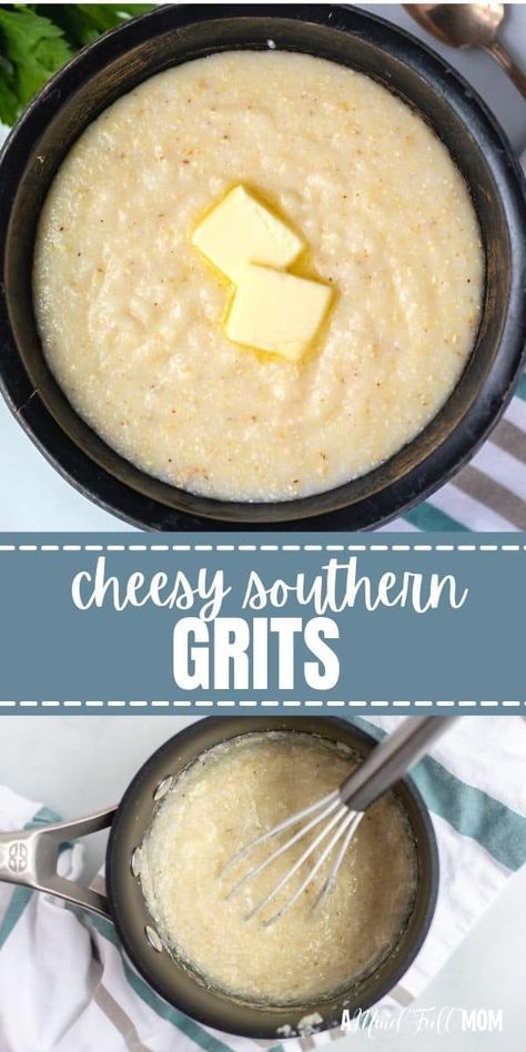 This easy recipe for creamy grits is a classic southern staple. Made with stone-ground grits, butter, and cheese, these cheesy grits are sure to become a family favorite! These Cheese Grits are the perfect finishing touch on a comforting breakfast or make a delicious side dish. Meatballs And Grits, Best Grits Recipe, Stone Ground Grits Recipe, Grits Recipe Creamy, Homemade Grits, Grits Recipes, Comforting Breakfast, Southern Grits, Stone Ground Grits