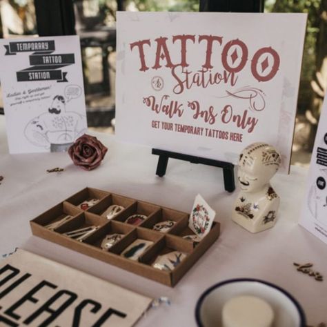 Wedding Unconventional Ideas, Funny Wedding Decorations, Fun Wedding Details Reception Ideas, Wedding Quirky Ideas, Wedding Tattoo Station Sign, Different Wedding Ideas Creative, Creative Wedding Table Decorations, Cheesy Wedding Ideas, Fake Tattoo Station Wedding