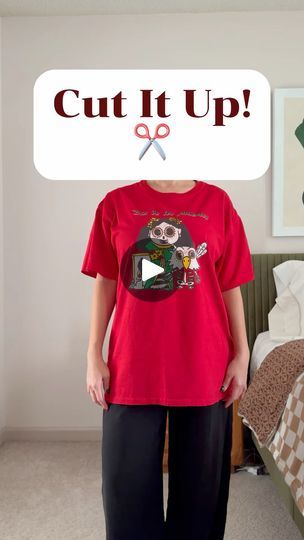 Reverse Applique Shirt, Boxy Tshirt Refashion, Graphic Tshirt Upcycle, How To Fix A Baggy Shirt No Sew, Distressing A T Shirt, Shorten Tee Shirt Length, Ways To Upcycle Tshirts, Cut Neckline Tshirt Outfits, How To Alter A T Shirt