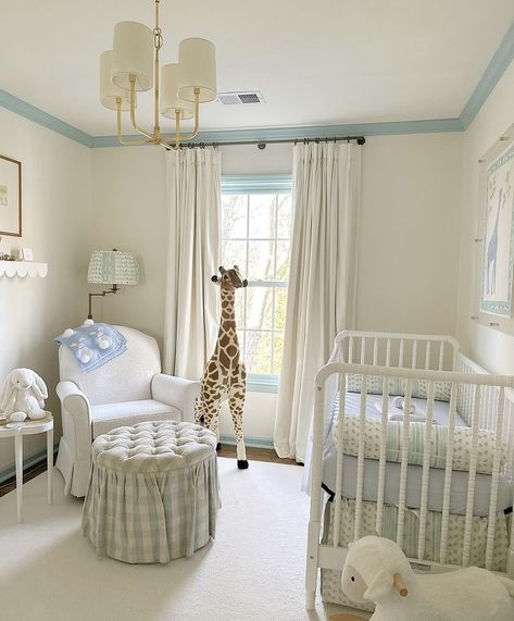 Crib By Window, Nursery With Painted Trim, Blue Trim Nursery, Gender Neutral Grandmillenial Nursery, Grandmillenial Nursery Decor, Nancy Meyers Nursery, Grandmillennial Nursery, Classic Boy Nursery, Blue And White Nursery