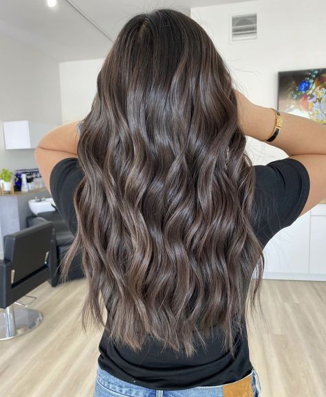 Dark Brown No Highlights, Ash Beige Highlights On Brown Hair, Chocolate Brown Ash Balayage, Matte Sandy Brown Hair, Long Dark Ash Brown Hair, All Dark Brown Hair, Dark Hair Cool Tone Highlights, Ashy Chocolate Brown Hair Balayage, Chocolate Ashy Brown Hair