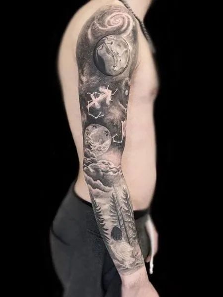 Outer Space Sleeve Tattoo, Space Upper Arm Tattoo, Sky Sleeve Tattoo, Shoulder Space Tattoo, Space Half Sleeve Tattoo, Space Shoulder Tattoo, Universe Tattoo Sleeve, Outer Space Tattoo, Space Sleeve