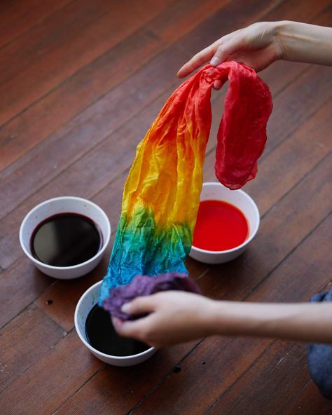 How to Dye a Rainbow Playsilk Playsilks Ideas, How To Dye Noodles For Sensory Play, How To Dye Pasta For Sensory Play, Dye Rice For Sensory Bin, How To Dye Rice For Sensory Play, Cheap Hand Dyed Rainbow T-shirt, Play Silks, Wood Baby Toys, Wooden Toy Shop