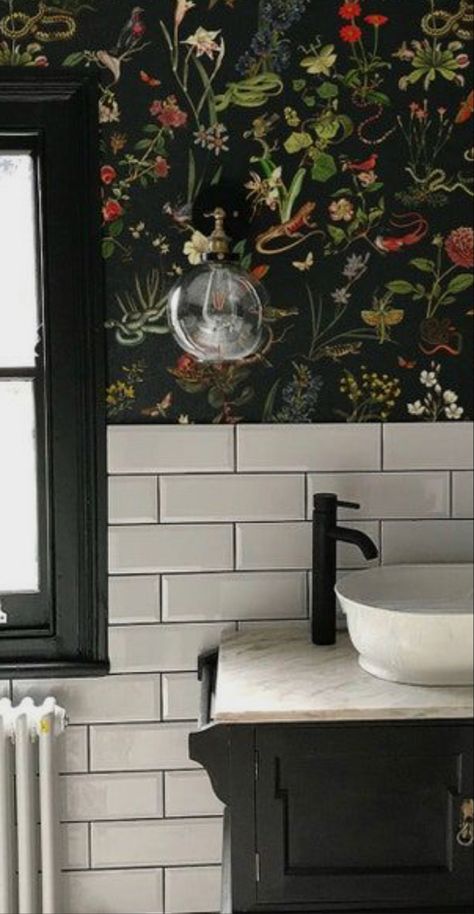 Subway Tile Toilet Room, Half Wallpaper Half Tile Bathroom, Half Tiled Toilet Room, Half Tile Half Wallpaper Bathroom, White Subway Tile And Wallpaper Bathroom, Bold Bathroom Wallpaper Farmhouse, Subway Tile Wallpaper, Half Wallpaper Half Tile, Bathroom Safe Wallpaper