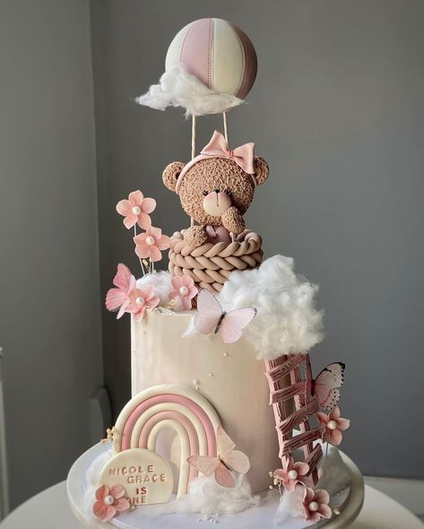 Baby Shower Mujer, Brown Baby Shower Ideas, Album Cake, Bear Baby Shower Cake, Hot Air Balloon Cake, Baby Shower Cake Decorations, Bear Baby Shower Theme, Pastel Baby Shower