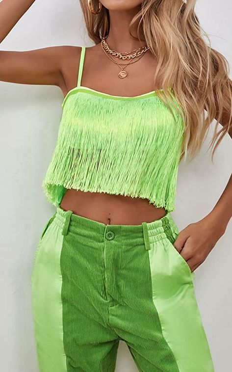 80% Polyester, 20% Spandex Made in the USA or Imported Drawstring closure Elegant fringe top,rodeo outfit for women.The boho crop top is a great option as cowgirl outfit or casual western wear for women. Neon Cowgirl, Fringe Tank Top, Cowgirl Outfit, Crop Tank, Shoes Jewelry, Crop Top, Tank Top, Neon, Festival