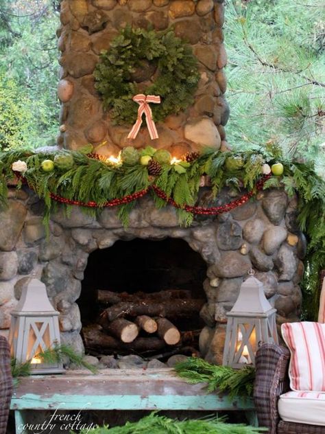 French Country Cottage Christmas, Primitive Fireplace, Eclectic French Country, Mantel Christmas, Rock Fireplace, Cottage Outdoor, Christmas House Tour, French Country Christmas, Rock Fireplaces