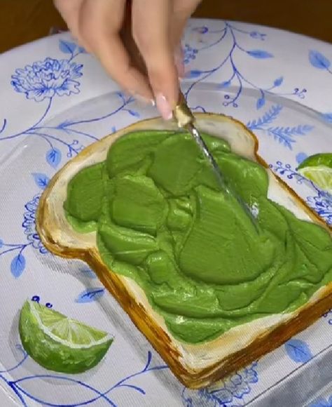 Avocado Toast Painting, Toast Painting, Tjalf Sparnaay, Spatula Painting, Kitchen Art Wall, Anime Bodies, Fruit Paintings, Peanut Butter Toast, Drawing Anime Bodies