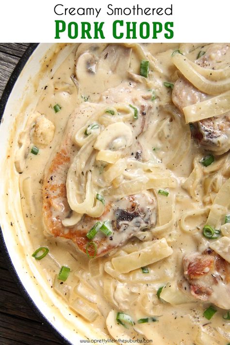 These Creamy Smothered Pork Chops are tender and so delicious after lightly simmering in a creamy and flavourful sauce. Serve over egg noodles.  Ready in less than 1 hour. Pork Chop Recipes Smothered, Creamy Smothered Pork Chops, Pork Chops Easy, Boneless Pork Chop Recipes, Smothered Pork, Easy Pork Chops, Pork Chop Recipes Baked, Easy Pork Chop Recipes, Pork Chop Dinner