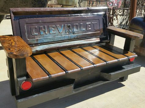 Vintage Chevrolet tailgate bench Truck Tailgate Bench, Tailgate Ideas, Tailgate Bench, Car Parts Decor, Vintage Chevrolet, Garage Furniture, Automotive Furniture, Car Part Furniture, Truck Tailgate