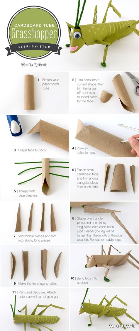 Step-by-step instructions on how to make a cardboard tube grasshopper. This is a fun craft for kids using recyclables. Carton Diy, Insect Crafts, Folding Origami, Grasshoppers, Toilet Paper Roll Crafts, Paper Roll Crafts, Cardboard Art, Cardboard Tubes, Fun Craft