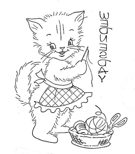 Cat Embroidery Pattern, Kitchen Embroidery, Cat Pillows, Vintage Embroidery Transfers, Cat Embroidery, Embroidery Transfers, Embroidery Patterns Vintage, Needlework Embroidery, Embroidery Scissors