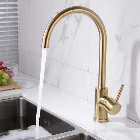 TRUSTMI Brass Single Lever Kitchen Sink Tap & Swivel C-Spout, Brushed Gold: Amazon.co.uk: Amazon.co.uk: Gold Taps Kitchen, Brass Kitchen Tap, Brass Kitchen Sink, Gold Kitchen Faucet, Bar Sink Faucet, Modern Luxury Kitchen, Gold Taps, Kitchen Sink Taps, Brass Kitchen Faucet